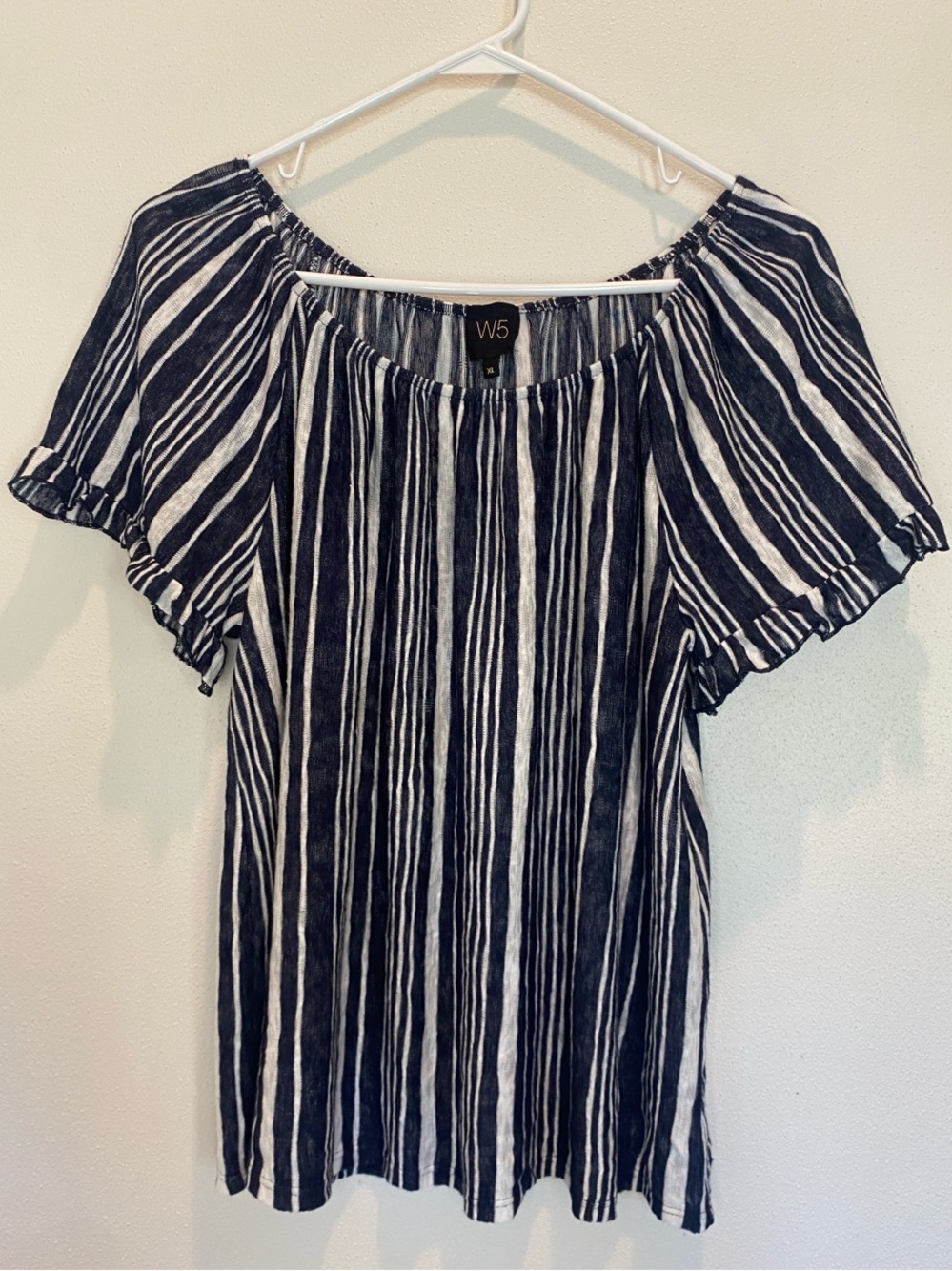 W5 Navy & White Striped Off-Shoulder Peasant Top